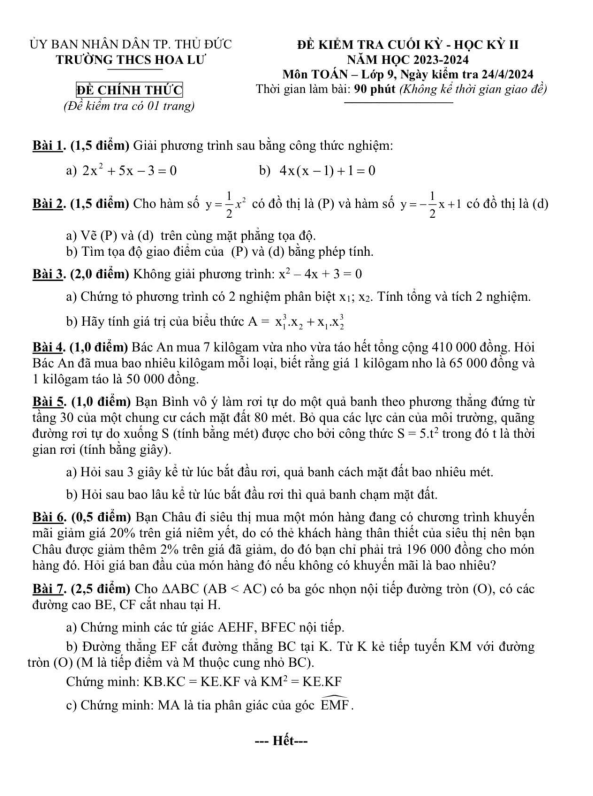 Đề cuối học kỳ 2 Toán 9 năm 2023 – 2024 trường THCS Hoa Lư – TP HCM