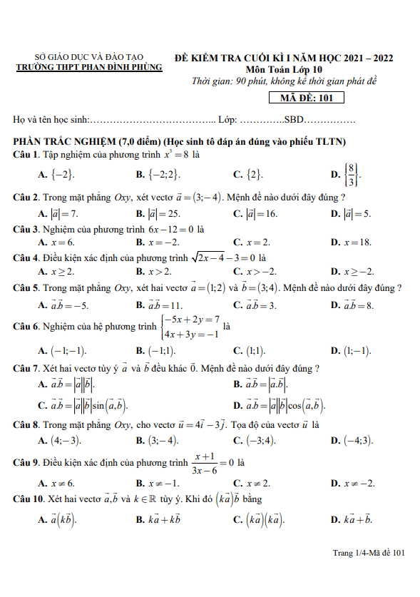 Đề cuối kì 1 Toán 10 năm 2021 – 2022 trường THPT Phan Đình Phùng – Quảng Bình