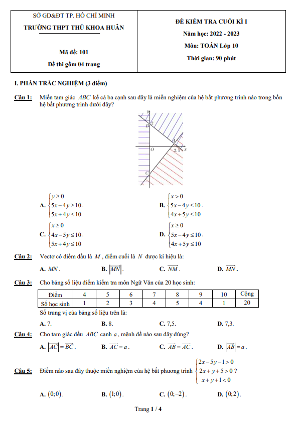 Đề cuối kì 1 Toán 10 năm 2022 – 2023 trường THPT Thủ Khoa Huân – TP HCM