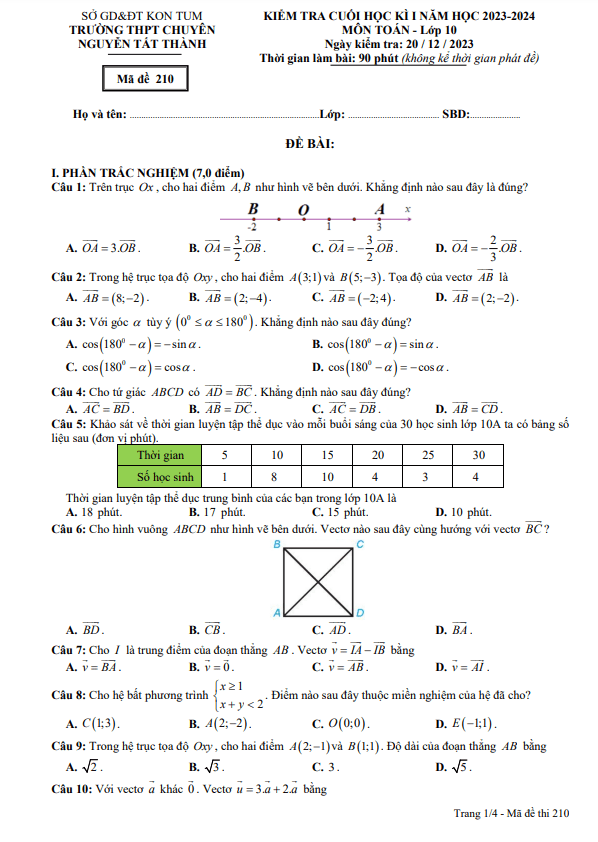 Đề cuối kì 1 Toán 10 năm 2023 – 2024 trường chuyên Nguyễn Tất Thành – Kon Tum