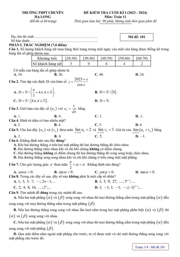 Đề cuối kì 1 Toán 11 năm 2023 – 2024 trường THPT chuyên Hạ Long – Quảng Ninh