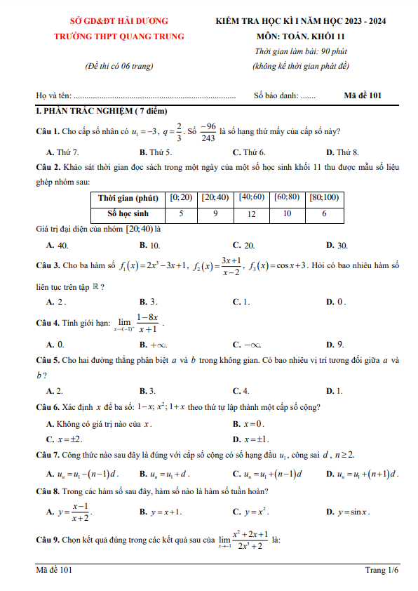 Đề cuối kì 1 Toán 11 năm 2023 – 2024 trường THPT Quang Trung – Hải Dương