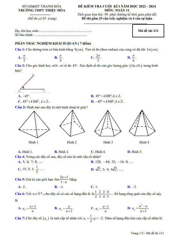 Đề cuối kì 1 Toán 11 năm 2023 – 2024 trường THPT Thiệu Hóa – Thanh Hóa