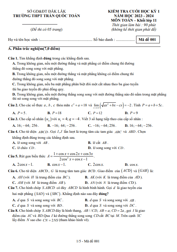 Đề cuối kì 1 Toán 11 năm 2023 – 2024 trường THPT Trần Quốc Toản – Đắk Lắk