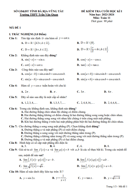 Đề cuối kì 1 Toán 11 năm 2023 – 2024 trường THPT Trần Văn Quan – BR VT