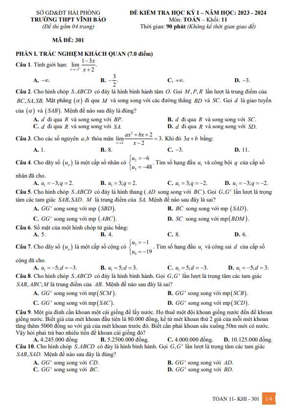Đề cuối kì 1 Toán 11 năm 2023 – 2024 trường THPT Vĩnh Bảo – Hải Phòng