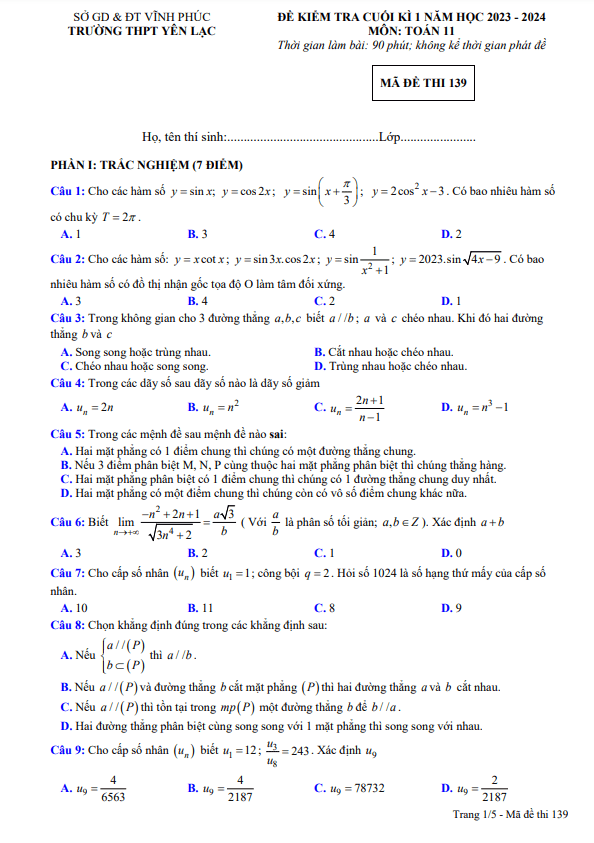 Đề cuối kì 1 Toán 11 năm 2023 – 2024 trường THPT Yên Lạc – Vĩnh Phúc