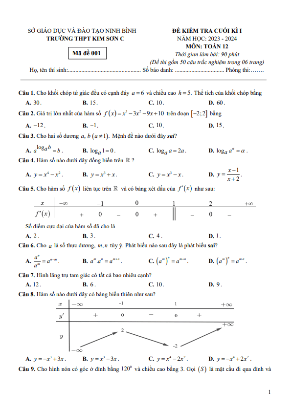 Đề cuối kì 1 Toán 12 năm 2023 – 2024 trường THPT Kim Sơn C – Ninh Bình