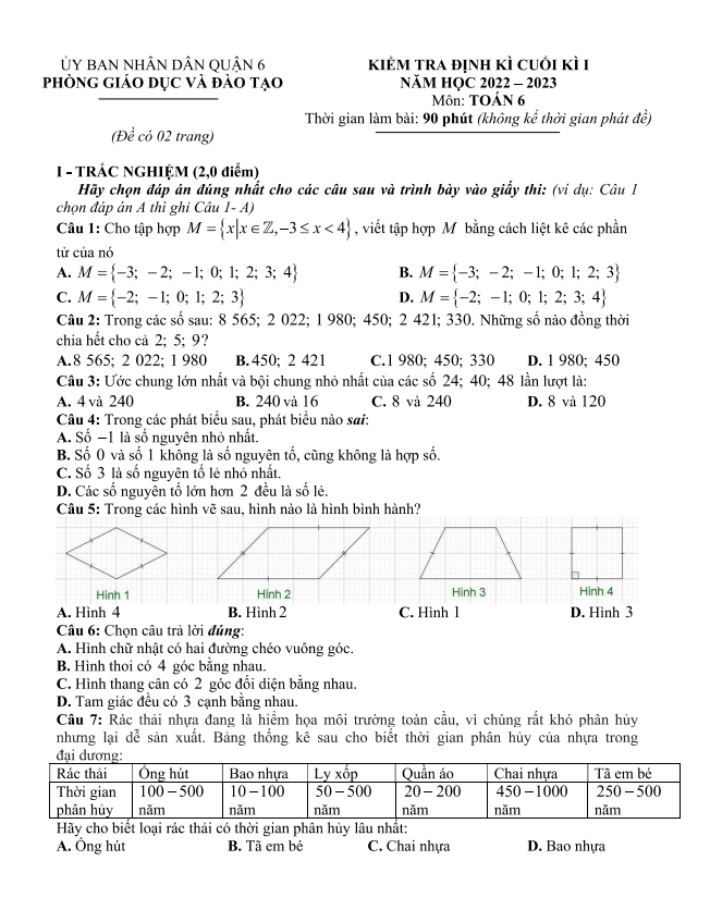 Đề cuối kì 1 Toán 6 năm 2022 – 2023 phòng GD&ĐT Quận 6 – TP HCM