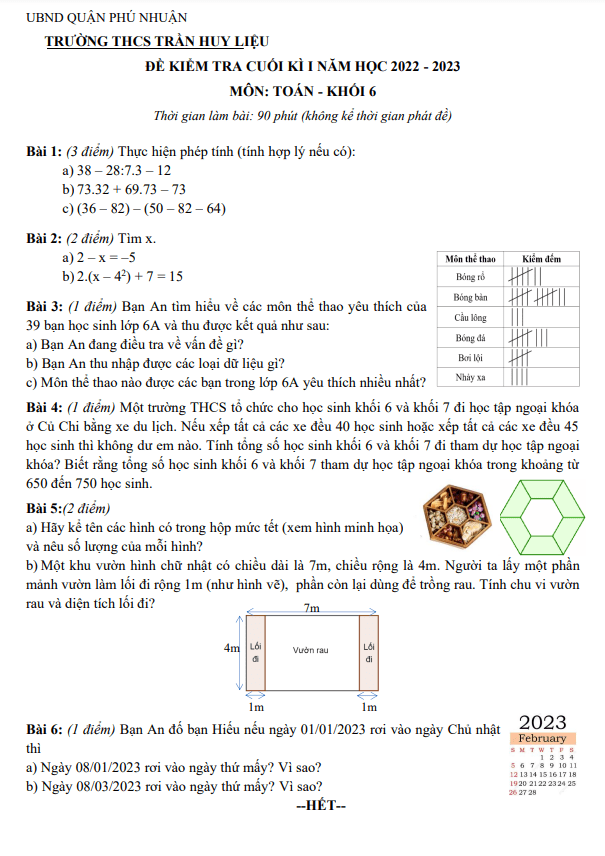 Đề cuối kì 1 Toán 6 năm 2022 – 2023 trường THCS Trần Huy Liệu – TP HCM