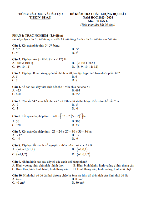 Đề cuối kì 1 Toán 6 năm 2023 – 2024 phòng GD&ĐT Tiền Hải – Thái Bình