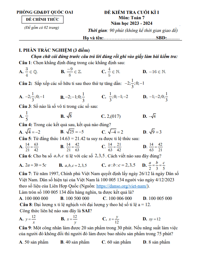 Đề cuối kì 1 Toán 7 năm 2023 – 2024 phòng GD&ĐT Quốc Oai – Hà Nội