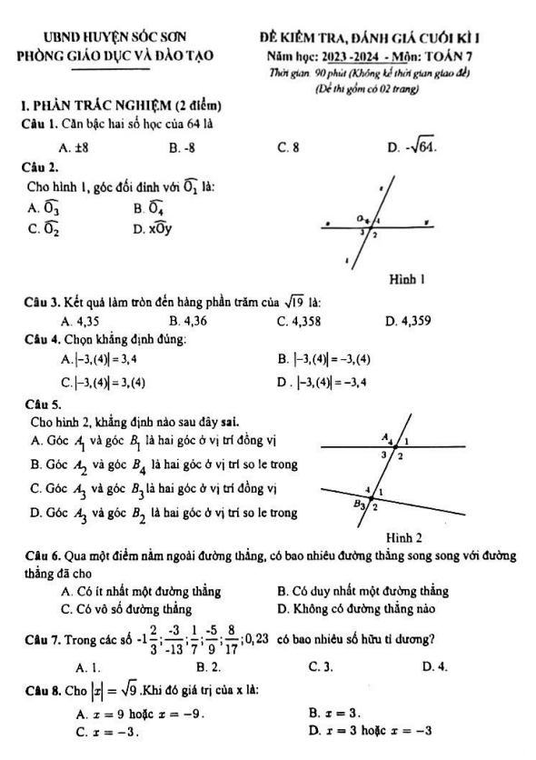 Đề cuối kì 1 Toán 7 năm 2023 – 2024 phòng GD&ĐT Sóc Sơn – Hà Nội
