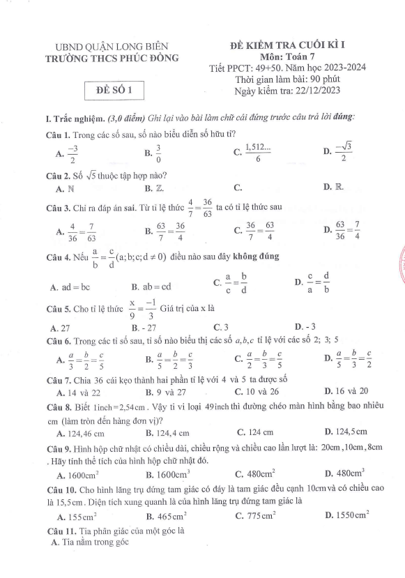 Đề cuối kì 1 Toán 7 năm 2023 – 2024 trường THCS Phúc Đồng – Hà Nội