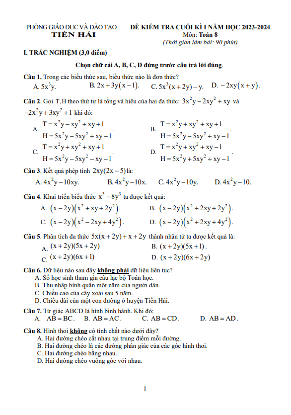 Đề cuối kì 1 Toán 8 năm 2023 – 2024 phòng GD&ĐT Tiền Hải – Thái Bình