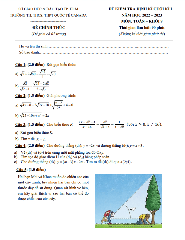 Đề cuối kì 1 Toán 9 năm 2022 – 2023 trường Quốc tế Canada – TP HCM