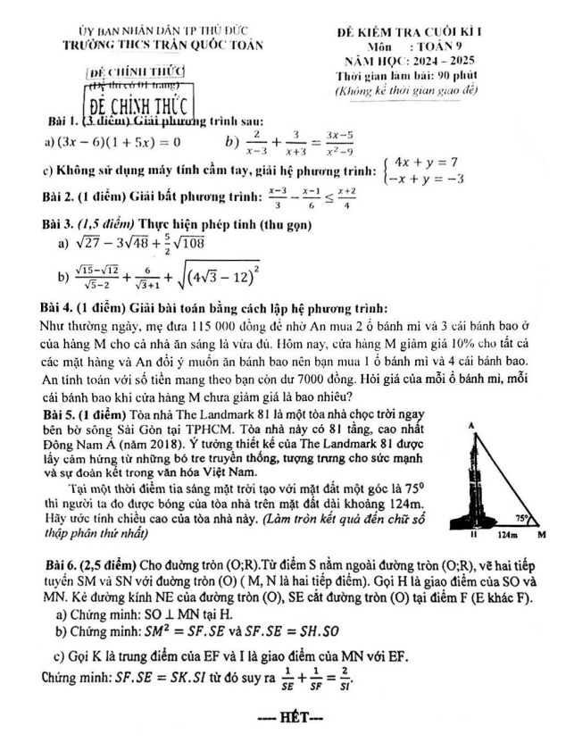 Đề cuối kì 1 Toán 9 năm 2024 – 2025 trường THCS Trần Quốc Toản – TP HCM