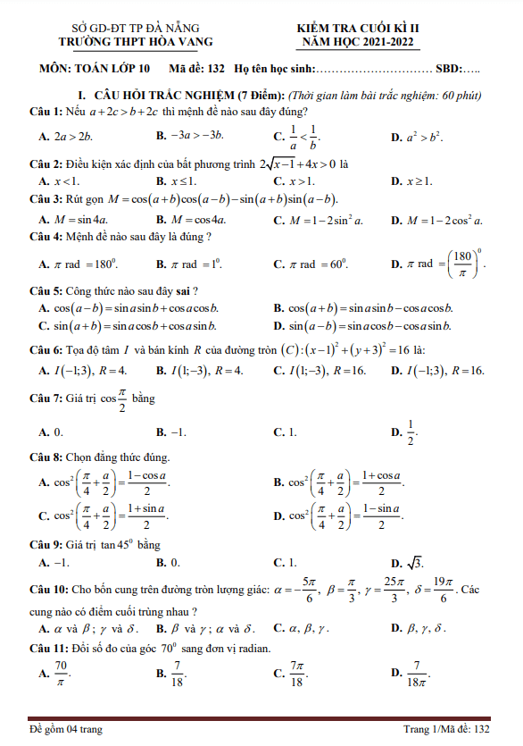 Đề cuối kì 2 Toán 10 năm 2021 – 2022 trường THPT Hòa Vang – Đà Nẵng
