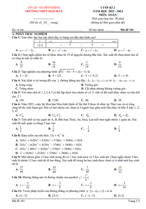Đề cuối kì 2 Toán 10 năm 2022 – 2023 trường THPT Ngô Mây – Bình Định