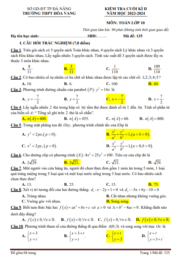 Đề cuối kì 2 Toán 10 năm 2023 – 2024 trường THPT Hòa Vang – Đà Nẵng