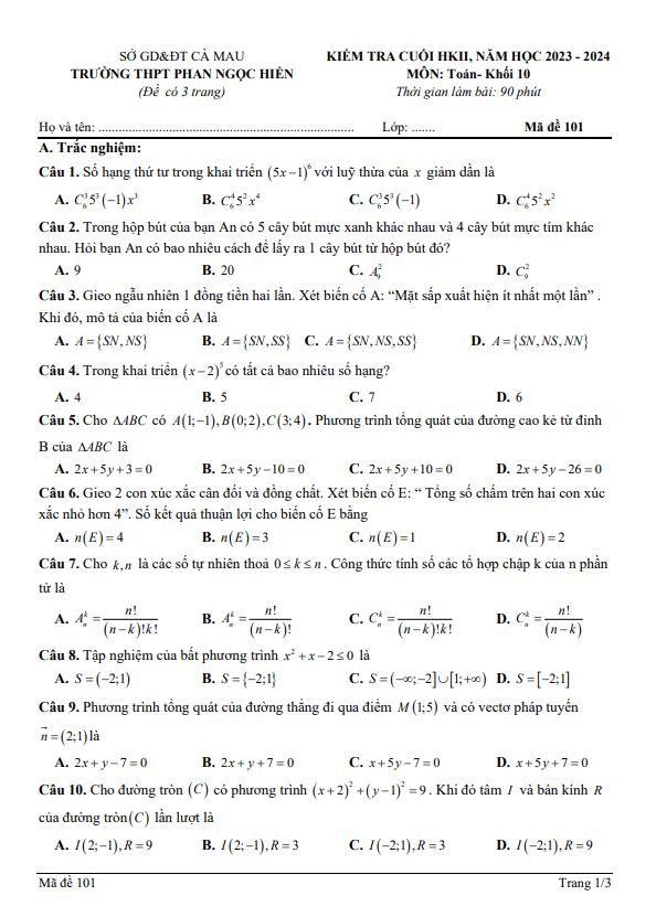 Đề cuối kì 2 Toán 10 năm 2023 – 2024 trường THPT Phan Ngọc Hiển – Cà Mau