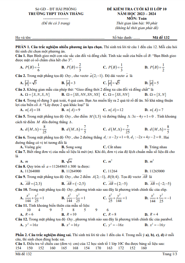 Đề cuối kì 2 Toán 10 năm 2023 – 2024 trường THPT Toàn Thắng – Hải Phòng