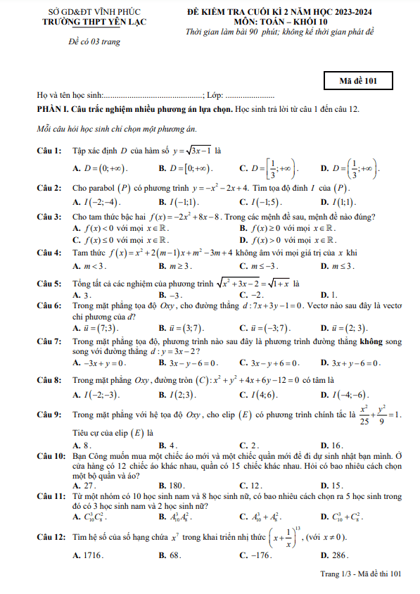 Đề cuối kì 2 Toán 10 năm 2023 – 2024 trường THPT Yên Lạc – Vĩnh Phúc