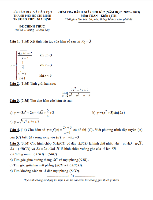 Đề cuối kì 2 Toán 11 năm 2022 – 2023 trường THPT Gia Định – TP HCM