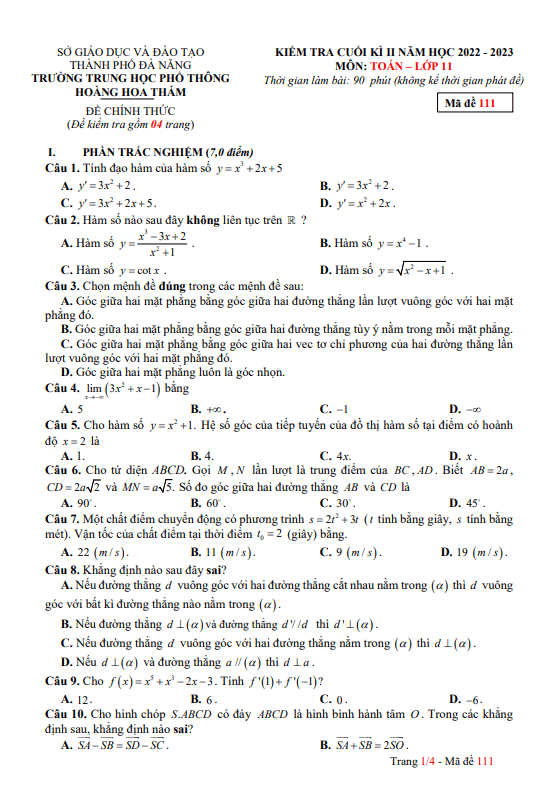 Đề cuối kì 2 Toán 11 năm 2022 – 2023 trường THPT Hoàng Hoa Thám – Đà Nẵng