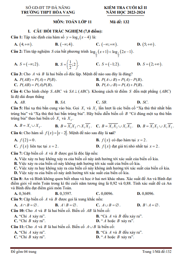 Đề cuối kì 2 Toán 11 năm 2023 – 2024 trường THPT Hòa Vang – Đà Nẵng