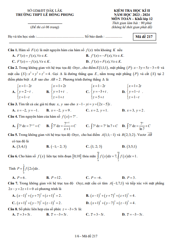 Đề cuối kì 2 Toán 12 năm 2023 – 2024 trường THPT Lê Hồng Phong – Đắk Lắk