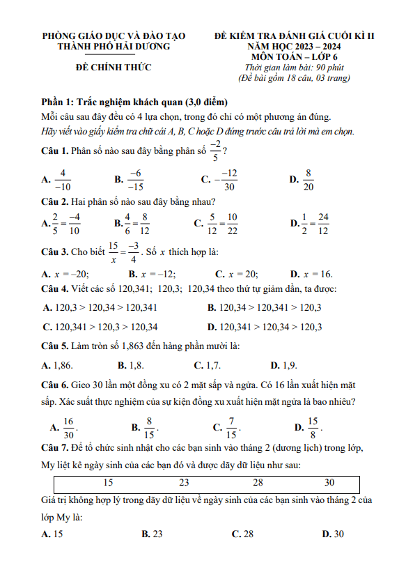Đề cuối kì 2 Toán 6 năm 2023 – 2024 phòng GD&ĐT thành phố Hải Dương