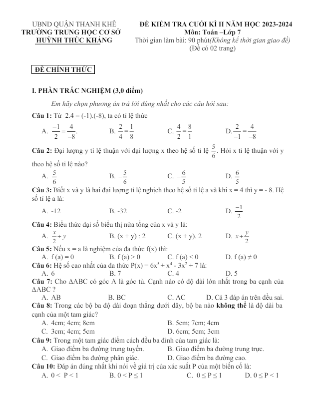 Đề cuối kì 2 Toán 7 năm 2023 – 2024 trường THCS Huỳnh Thúc Kháng – Đà Nẵng