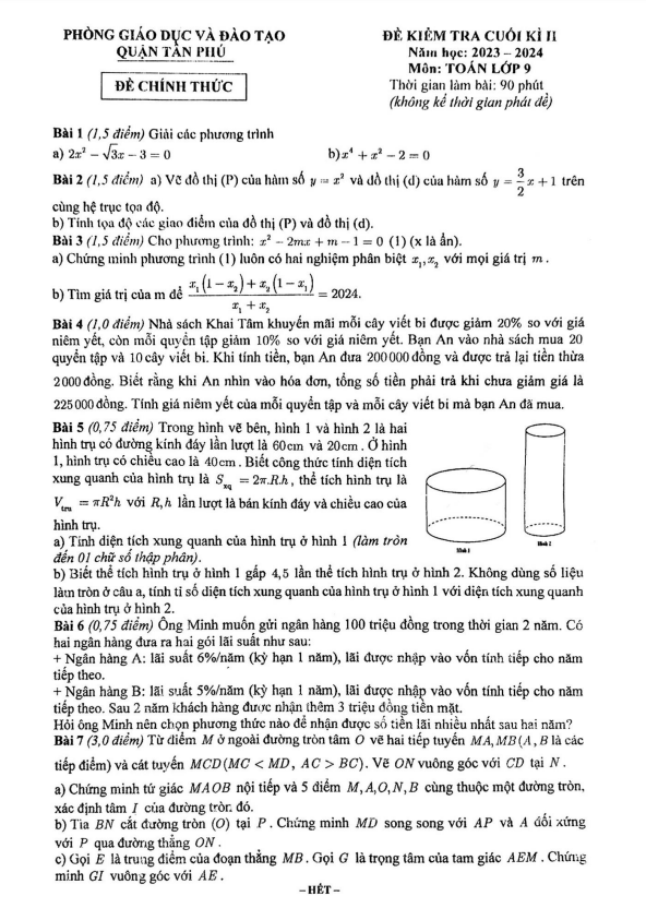 Đề cuối kì 2 Toán 9 năm 2023 – 2024 phòng GD&ĐT Tân Phú – TP HCM