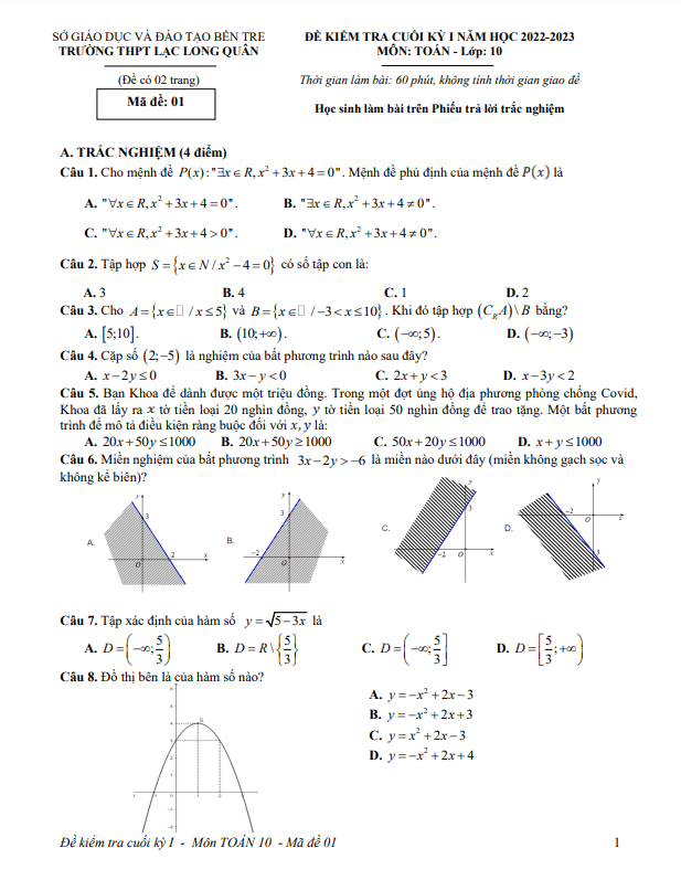 Đề cuối kỳ 1 Toán 10 năm 2022 – 2023 trường Lạc Long Quân – Bến Tre
