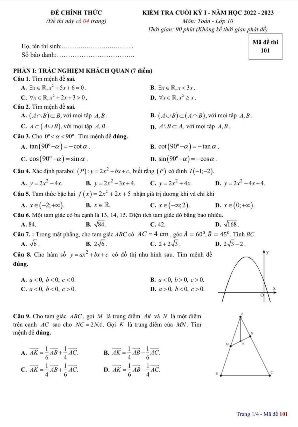 Đề cuối kỳ 1 Toán 10 năm 2022 – 2023 trường THPT chuyên Hạ Long – Quảng Ninh