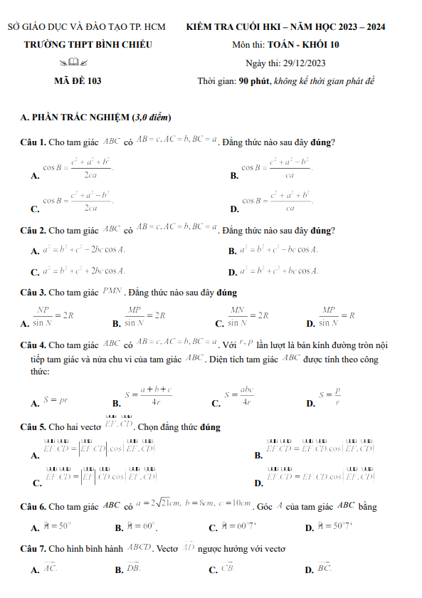 Đề cuối kỳ 1 Toán 10 năm 2023 – 2024 trường THPT Bình Chiểu – TP HCM