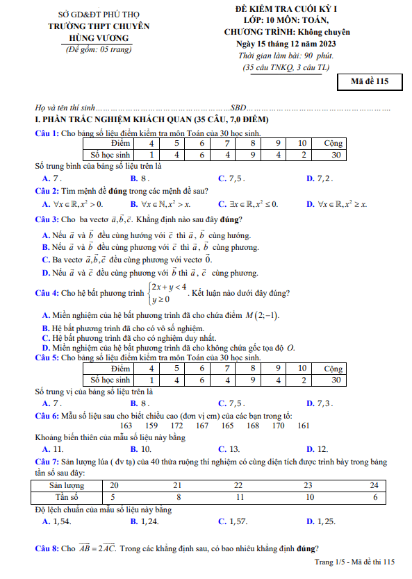 Đề cuối kỳ 1 Toán 10 năm 2023 – 2024 trường THPT chuyên Hùng Vương – Phú Thọ