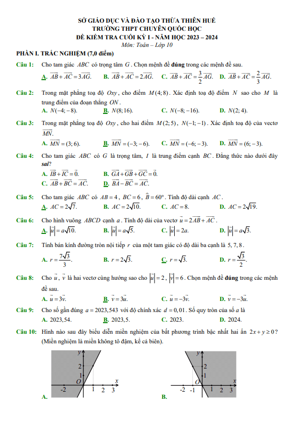 Đề cuối kỳ 1 Toán 10 năm 2023 – 2024 trường THPT chuyên Quốc học Huế