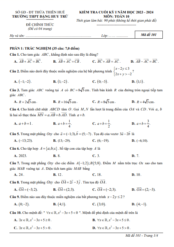 Đề cuối kỳ 1 Toán 10 năm 2023 – 2024 trường THPT Đặng Huy Trứ – TT Huế