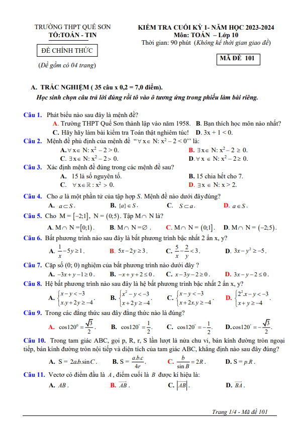 Đề cuối kỳ 1 Toán 10 năm 2023 – 2024 trường THPT Quế Sơn – Quảng Nam