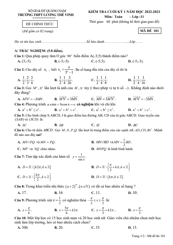 Đề cuối kỳ 1 Toán 11 năm 2022 – 2023 trường THPT Lương Thế Vinh – Quảng Nam