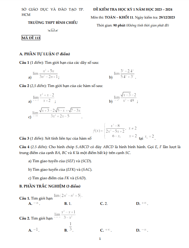 Đề cuối kỳ 1 Toán 11 năm 2023 – 2024 trường THPT Bình Chiểu – TP HCM