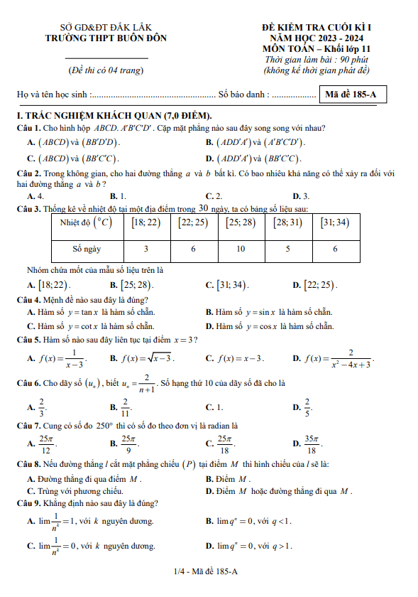 Đề cuối kỳ 1 Toán 11 năm 2023 – 2024 trường THPT Buôn Đôn – Đắk Lắk