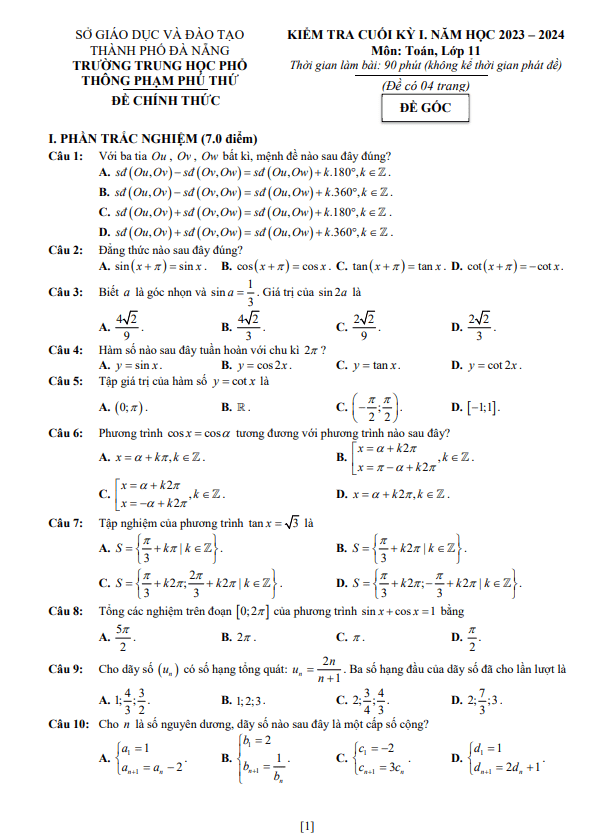 Đề cuối kỳ 1 Toán 11 năm 2023 – 2024 trường THPT Phạm Phú Thứ – Đà Nẵng