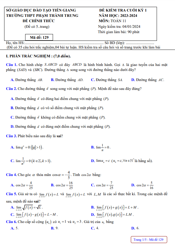 Đề cuối kỳ 1 Toán 11 năm 2023 – 2024 trường THPT Phạm Thành Trung – Tiền Giang
