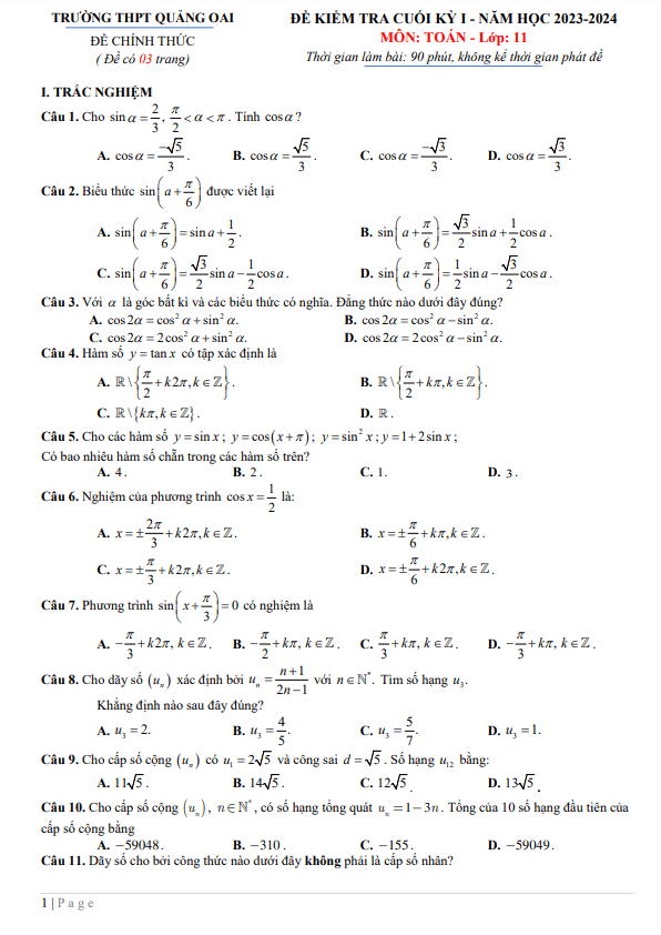 Đề cuối kỳ 1 Toán 11 năm 2023 – 2024 trường THPT Quảng Oai – Hà Nội