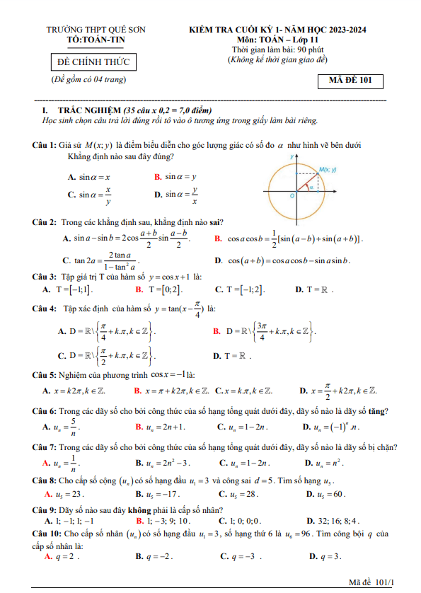 Đề cuối kỳ 1 Toán 11 năm 2023 – 2024 trường THPT Quế Sơn – Quảng Nam