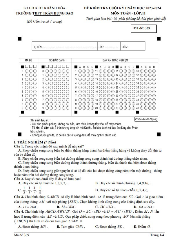 Đề cuối kỳ 1 Toán 11 năm 2023 – 2024 trường THPT Trần Hưng Đạo – Khánh Hòa