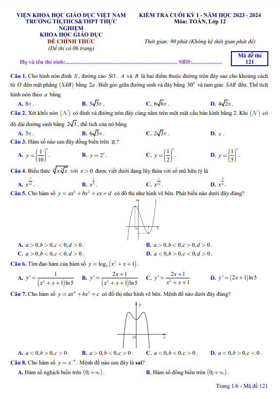 Đề cuối kỳ 1 Toán 12 năm 2023 – 2024 trường Thực Nghiệm Khoa Học Giáo Dục – Hà Nội